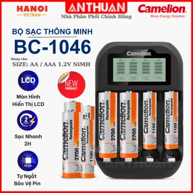 Bộ sạc nhanh Camelion BC-1.046 tự ngắt, Pin AA 2.700mAh và AAA 1.100mAh - Chính hãng 130k