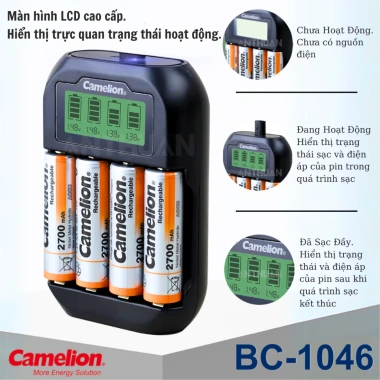 Bộ sạc nhanh Camelion BC-1.046 tự ngắt, Pin AA 2.700mAh và AAA 1.100mAh - Chính hãng 130k