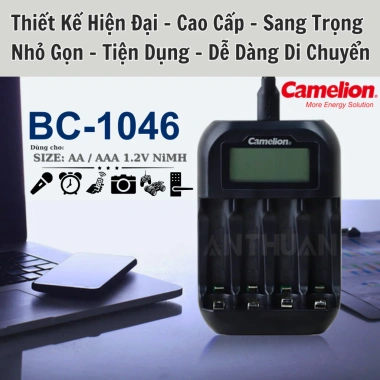 Bộ sạc nhanh Camelion BC-1.046 tự ngắt, Pin AA 2.700mAh và AAA 1.100mAh - Chính hãng 130k