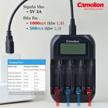 Bộ sạc nhanh Camelion BC-1.046 tự ngắt, Pin AA 2.700mAh và AAA 1.100mAh - Chính hãng 130k