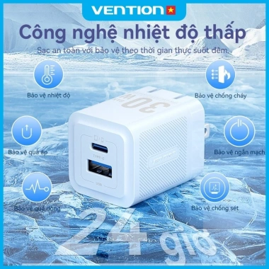 Bộ sạc nhanh GaN Vention 30W/20W USB‑C PD + USB 2 cổng QC4.0, hỗ trợ Samsung Android, BH 12 tháng 5 Bộ sạc nhanh GaN Vention 30W/20W USB‑C PD + USB 2 cổng QC4.0, hỗ trợ Samsung Android, BH 12 tháng 5