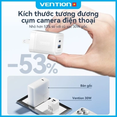 Bộ sạc nhanh GaN Vention 30W/20W USB‑C PD + USB 2 cổng QC4.0, hỗ trợ Samsung Android, BH 12 tháng