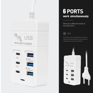 Bộ sạc nhanh PD 3.0 6 cổng USB – Sạc đồng thời, bảo vệ quá dòng & quá nhiệt, đa năng du lịch, 100.009₫ 7
