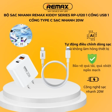 Bộ sạc nhanh Remax Kiddy Series RP-U120 20W 1 USB và 1 Type C, giá chỉ 125.000₫
