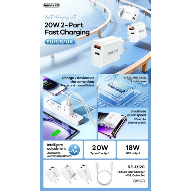 Bộ sạc nhanh Remax Kiddy Series RP-U120 20W 1 USB và 1 Type C, giá chỉ 125.000₫