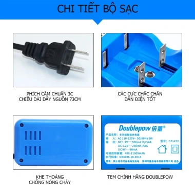Bộ sạc pin AA AAA C D 9V Doublepow K32 - Tự ngắt, báo đèn pin đầy, giá tốt 110k 4