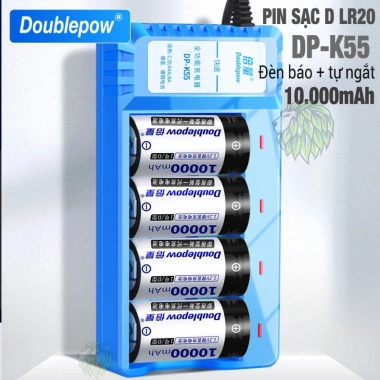 Bộ Sạc Pin AA AAA C Doublepow DP‑K55 Tự Ngắt Đa Năng – Đèn Báo, Kèm Pin D cho Bếp Ga, Pin, Radio – 159k