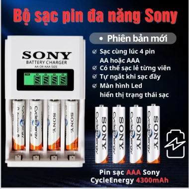 Bộ sạc pin AA AAA Sony 4 chỗ 2A/3A, sạc nhanh tự ngắt, LED báo trạng thái 65.000 VND