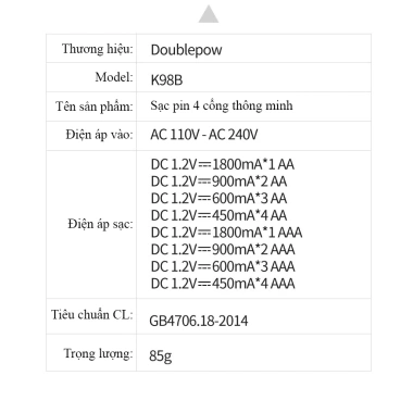 Bộ sạc pin AA/AAA DP-K98B Tự Ngắt - Sạc nhanh cho mic không dây, máy đo huyết áp 6