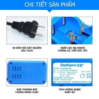 Bộ Sạc Pin Đa Năng DP-K32 Chính Hãng - Sạc Đại D, Trung C, 9V, AA/AAA, Giá ưu đãi 109.000₫