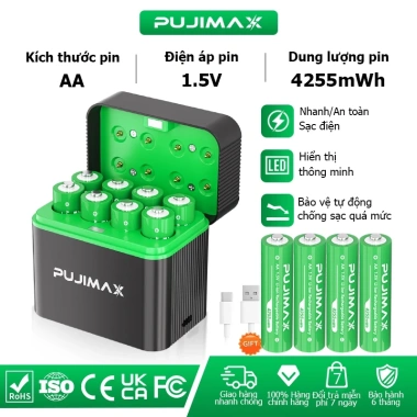Bộ sạc pin thông minh PUJIMAX 8 khe Li-ion AA 1.5V 4.255mWh - Tự động ngắt, chống sạc quá mức, giá ưu đãi 229.999₫