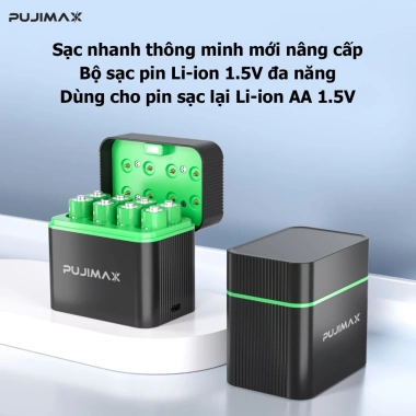 Bộ sạc pin thông minh PUJIMAX 8 khe Li-ion AA 1.5V 4.255mWh - Tự động ngắt, chống sạc quá mức, giá ưu đãi 229.999₫
