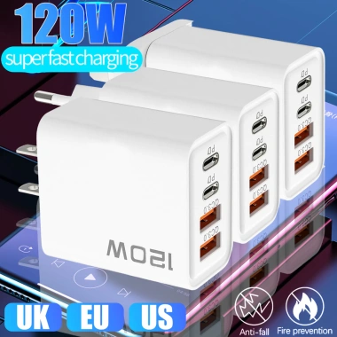 Bộ sạc USB-C 120W 4 trong 1 siêu nhanh 3.0 - Đa năng du lịch, cáp kèm, phích EU US UK