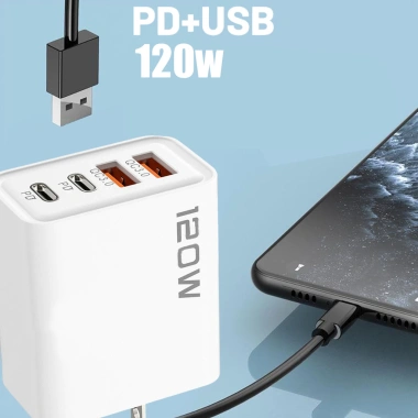 Bộ sạc USB-C 120W 4 trong 1 siêu nhanh 3.0 - Đa năng du lịch, cáp kèm, phích EU US UK