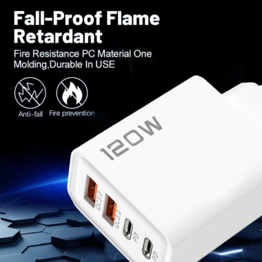 Bộ sạc USB‑C kép PD 120W 4 cổng, chip thông minh, chống cháy, bảo vệ quá dòng, trạm sạc nhanh, thiết kế nhỏ gọn 68mm