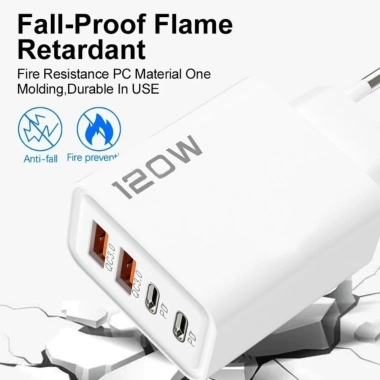 Bộ sạc USB‑C kép PD 120W 4 cổng, chip thông minh, chống cháy, bảo vệ quá dòng, trạm sạc nhanh, thiết kế nhỏ gọn 68mm