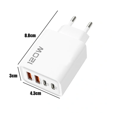 Bộ sạc USB‑C kép PD 120W 4 cổng, chip thông minh, chống cháy, bảo vệ quá dòng, trạm sạc nhanh, thiết kế nhỏ gọn 68mm