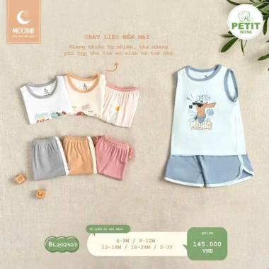 Bộ Sát Nách Bé Trai Gái 6,5-16kg Hoạ Tiết Đơn Giản Dễ Thương MOON BL202.407 Giá 145k