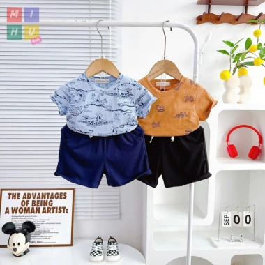 Bộ Set Áo Tay Cộc Quần Túi In Hình Dễ Thương Cotton Mềm Mịn Co Giãn Giá 84k