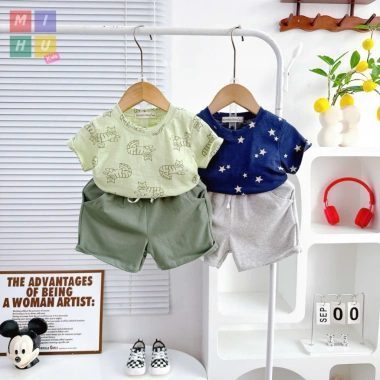 Bộ Set Áo Tay Cộc Quần Túi In Hình Dễ Thương Cotton Mềm Mịn Co Giãn Giá 84k