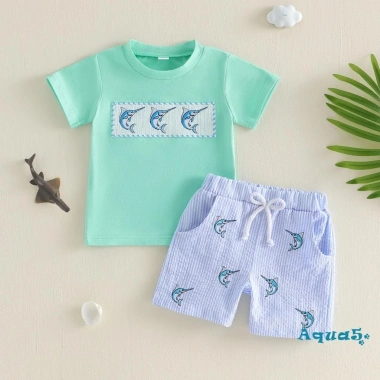 Bộ short mùa hè Aqua-Boys áo thêu cá cổ chữ O, quần sọc - Giá ưu đãi 240k