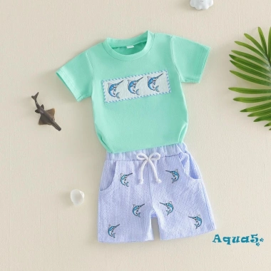 Bộ short mùa hè Aqua-Boys áo thêu cá cổ chữ O, quần sọc - Giá ưu đãi 240k