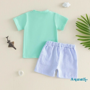 Bộ short mùa hè Aqua-Boys áo thêu cá cổ chữ O, quần sọc - Giá ưu đãi 240k