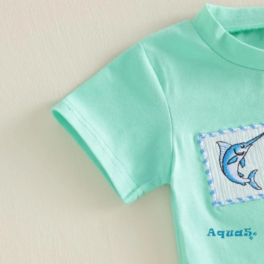Bộ short mùa hè Aqua-Boys áo thêu cá cổ chữ O, quần sọc - Giá ưu đãi 240k