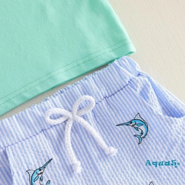 Bộ short mùa hè Aqua-Boys áo thêu cá cổ chữ O, quần sọc - Giá ưu đãi 240k