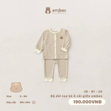 Bộ Sơ Sinh Embes Dài Tay Cài Thẳng Kẻ Ô Cotton Mềm Mại 0-9 Tháng - 188k 5