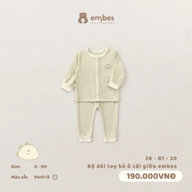 Bộ Sơ Sinh Embes Dài Tay Cài Thẳng Kẻ Ô Cotton Mềm Mại 0-9 Tháng - 188k 6