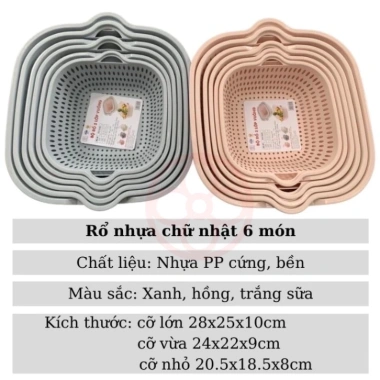Bộ Thau Rổ 2 Lớp Vuông Nhựa Việt Nhật 6 Món, Kèm Chậu Hứng Nước – Tiện Lợi cho Bếp, Giá 28.000đ