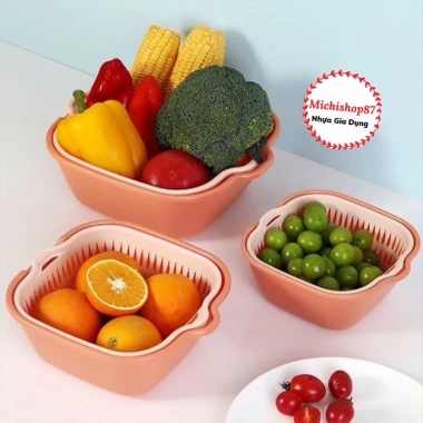 Bộ Thau Rổ 2 Lớp Vuông Nhựa Việt Nhật 6 Món, Kèm Chậu Hứng Nước – Tiện Lợi cho Bếp, Giá 28.000đ