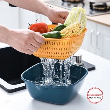 Bộ Thau Rổ 2 Lớp Vuông Nhựa Việt Nhật 6 Món, Kèm Chậu Hứng Nước – Tiện Lợi cho Bếp, Giá 28.000đ