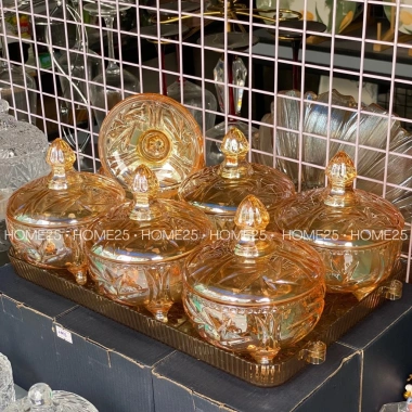 Bộ thố mứt tết thủy tinh + khay meka trong suốt tay cầm - Đựng hạt dưa, bánh kẹo, trang trí, 258.500₫