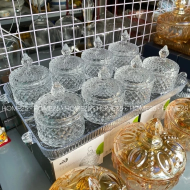 Bộ thố mứt tết thủy tinh + khay meka trong suốt tay cầm - Đựng hạt dưa, bánh kẹo, trang trí, 258.500₫
