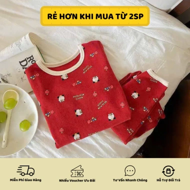 Bộ Thu Đông Bé Trai & Bé Gái Cotton Đỏ - Set Đồ Ngủ Tay Dài In Ngộ Nghĩnh (7-27kg) MBO17 2
