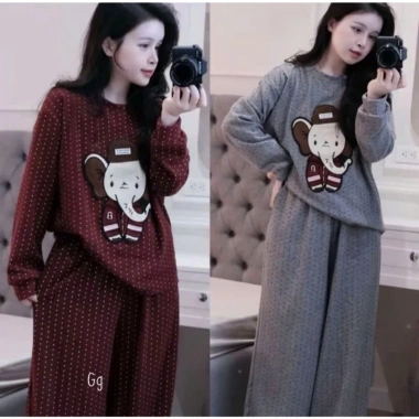 Bộ Thu Đông Nữ Áo Nỉ Họa Tiết Voi Thêu Nổi Quần Suông Dài Chấm Bi Đồ Bộ Dày Dặn Dạo Phố