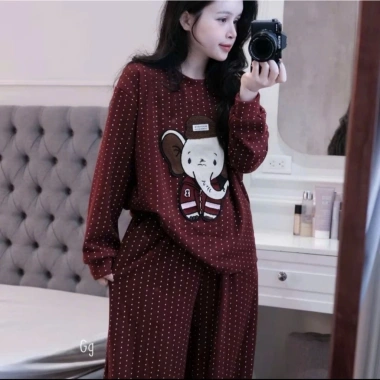 Bộ Thu Đông Nữ Áo Nỉ Họa Tiết Voi Thêu Nổi Quần Suông Dài Chấm Bi Đồ Bộ Dày Dặn Dạo Phố