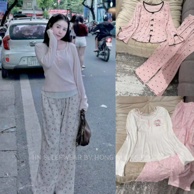 Bộ thun cotton dài tay chấm bi cao cấp mềm mại, mặc ngủ, đi chơi, du lịch - Giá chỉ 410k