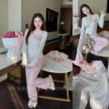 Bộ thun cotton dài tay chấm bi cao cấp mềm mại, mặc ngủ, đi chơi, du lịch - Giá chỉ 410k 2