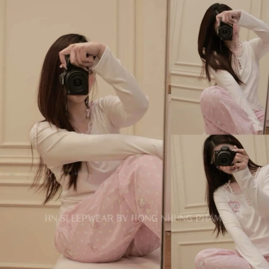 Bộ thun cotton dài tay chấm bi cao cấp mềm mại, mặc ngủ, đi chơi, du lịch - Giá chỉ 410k 4