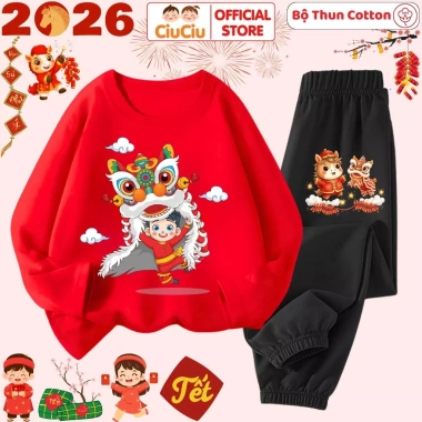Bộ thun dài tay Tết Múa Lân 2.026 cho bé trai, bé gái CIUCIU KID cotton mềm 197k 4