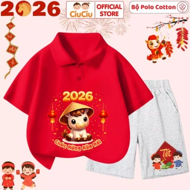 Bộ Thun Polo Cộc Tay Tết Bính Ngọ 2.026 cho Bé Trai & Bé Gái – CIUCIU KID Cotton Mát, Giá chỉ 176.000₫