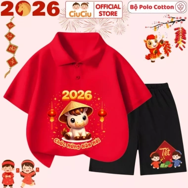 Bộ Thun Polo Cộc Tay Tết Bính Ngọ 2.026 cho Bé Trai & Bé Gái – CIUCIU KID Cotton Mát, Giá chỉ 176.000₫