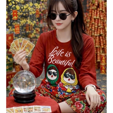 Bộ Thun Tăm Tay Dài Freesize 40-65Kg Mẫu Tết Hottrend - Quần Ống Rộng Giá ưu đãi 169k
