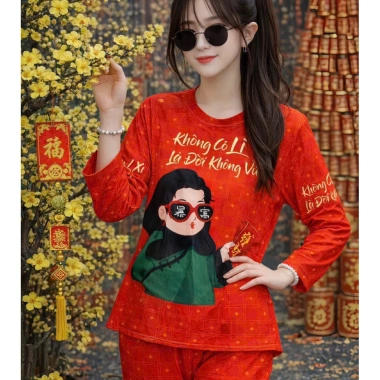 Bộ Thun Tăm Tay Dài Freesize 40-65Kg Mẫu Tết Hottrend - Quần Ống Rộng Giá ưu đãi 169k
