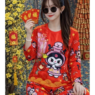 Bộ Thun Tăm Tay Dài Freesize 40-65Kg Mẫu Tết Hottrend - Quần Ống Rộng Giá ưu đãi 169k