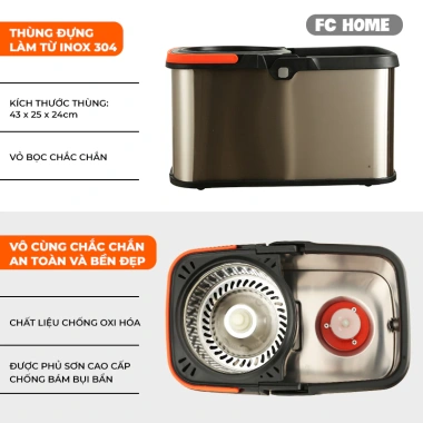 Bộ Thùng Lau Nhà BUNA Thép Không Gỉ 43x25x24cm và Bông Lau Tiện Lợi - Giá Ưu Đãi