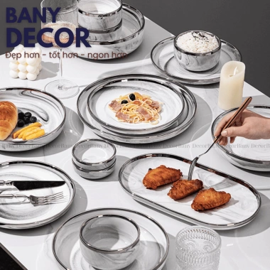 Bộ Tô Chén Dĩa Vân Đá Cẩm Thạch Trắng Viền Bạch Kim Sang Trọng - Giá Ưu Đãi 426.000₫ - Bany Decor Bảo Hành Vận